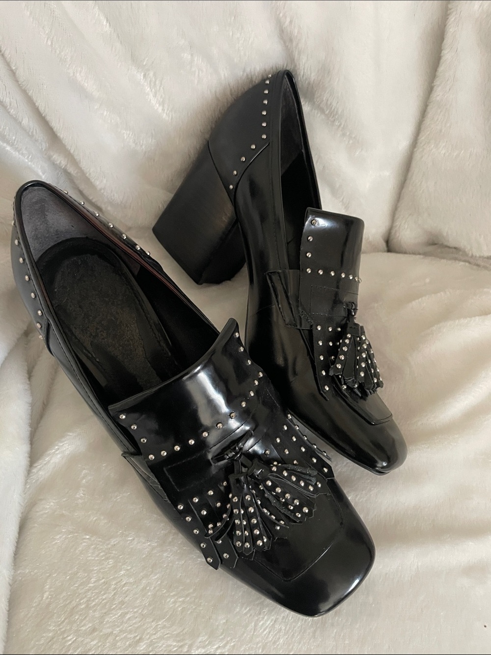 Marc Fisher Black Patent Tassel Loafers with Silver Studs